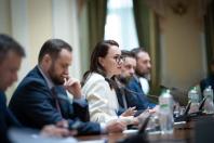 Жінка в окулярах та світлому жакеті виступає з промовою перед мікрофоном, сидячи за круглим столом в офіційному залі засідань в оточенні колег-чоловіків у ділових костюмах