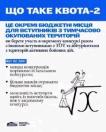 На інформаційному плакаті з біло-синім тлом розміщено текст із визначенням та перевагами «Квоти-2» для вступників з ТОТ, а в нижньому правому куті зображено малюнок, де одна людина допомагає іншій піднятися на знак математичного кореня з буквою «х»