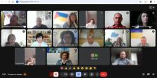 Скриншот онлайн-наради в Google Meet, що відображає сітку з вікнами численних учасників зустрічі, декілька з яких підписані як представники місцевих адміністрацій, та панель керування дзвінком у нижній частині екрана.