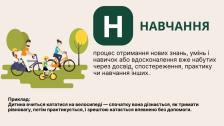 Інформаційна графіка на тему «НАВЧАННЯ» з текстовим визначенням поняття, великою літерою «Н» у зеленому квадраті та ілюстрацією ліворуч, де зображено батьків, які вчать своїх дітей кататися на велосипедах у парку