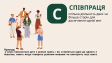 Слайд презентації з великою літерою «С» у зеленому квадраті, присвячений терміну «СПІВПРАЦЯ», що містить його визначення, текстовий приклад про взаємоповагу дітей у класі та ліву ілюстрацію з групою людей, пов'язаних між собою червоною ниткою.