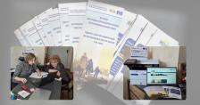 Колаж містить зображення віяла з інформаційних буклетів про компенсацію для внутрішньо переміщених осіб, під якими розміщено два фото: на лівому дві жінки працюють за ноутбуком в офісі, а на правому показано робоче місце з принтером, відкритим на ноутбуці сайтом та друкованими матеріалами.