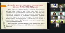 Скриншот онлайн-наради показує слайд презентації з червоним заголовком про динаміку зростання вживання психоактивних речовин у 2022–2025 роках та двома абзацами тексту на світлому тлі, а праворуч розташована вертикальна панель із мініатюрами вікон учасників відеодзвінка.