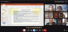 Скриншот онлайн-наради у Google Meet, де ліворуч у вікні PowerPoint відкрито слайд із заголовком «ЗАКОНОДАВЧЕ ПІДҐРУНТЯ ПСП» та маркованим списком нормативних актів, а праворуч розташовано сітку з відеотрансляціями та іконками учасників зустрічі.