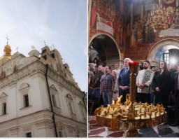 Зображення складається з двох частин: ліворуч показано величний білий фасад історичного храму з золотими банями під хмарним небом, а праворуч — групу людей, які офіційно стоять усередині цього собору на тлі релігійних розписів та великого свічника.