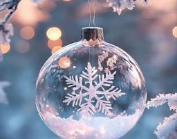 Крупний план прозорої скляної різдвяної кулі з білою сніжинкою всередині, що висить на вкритій снігом гілці на м'якому, розмитому зимовому фоні з боке
