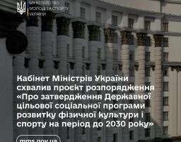 Візуально зображення показує фасад адміністративної будівлі з колонами, ймовірно, будівлі Кабінету Міністрів України, на фоні неба. У верхньому лівому куті розташований герб України та назва міністерства
