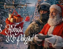 На фотографії зображено українського військовослужбовця у камуфляжі та шоломі разом із Дідом Морозом, які керують дроном, що доставляє подарунки в мішку на тлі засніженого лісу, а також міститься напис «З Новим 2026 Роком!» від Луганської обласної військової адміністрації