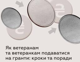 На зображенні представлено інформаційний плакат про державну програму надання грантів для ветеранів та ветеранок, організовану спільно Міністерством у справах ветеранів України, IREX та за підтримки США, що візуально ілюструється монетами з написом «ГРАНТ» та ключовим текстом «Як ветеранам та ветеранкам подаватися на гранти: кроки та поради»