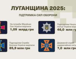 На зображенні представлено інфографіку, яка деталізує розподіл фінансової підтримки Сил оборони України з бюджету Луганщини у 2025 році, включаючи виділені суми для Збройних Сил України, Національної поліції, Служби безпеки України та Державної служби надзвичайних ситуацій