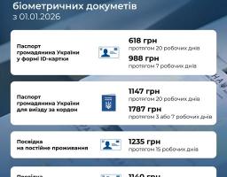 На фотографії зображено офіційне інформаційне повідомлення Державної міграційної служби України, що деталізує вартість та терміни оформлення різних біометричних документів, включаючи ID-картки, закордонні паспорти та посвідки на проживання, які діятимуть з 01 січня 2026 року