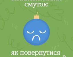 Намальована блакитна ялинкова прикраса із сумним виразом обличчя зображена на зеленому фоні, що супроводжується текстом українською мовою, який запитує про післясвятковий смуток та шляхи повернення до звичних справ.