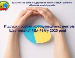 На інформаційному плакаті Щастинської районної державної/військової адміністрації зображено руки, що формують серце над синьо-жовтим паперовим серцем, і текст про підсумки роботи Координаційних центрів у 2025 році