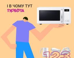 Інформаційний плакат від Міністерства енергетики України та партнерів показує анімовану людину, яка тримає мікрохвильову піч та ілюструє правила безпечного послідовного вмикання електроприладів (чайник, праска) після відновлення електропостачання.