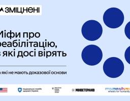 Інформаційний плакат містить текст «Міфи про реабілітацію, в які досі вірять та які не мають доказової основи», логотипи різних українських та міжнародних організацій-партнерів, а також графічне зображення синіх кіл