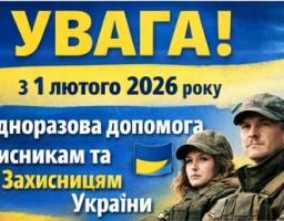 Зображення містить великий заголовок «УВАГА!» та текст про одноразову допомогу Захисникам та Захисницям України з 1 лютого 2026 року, поруч із фотографією чоловіка та жінки у військовій формі та невеликим прапором України.