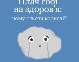 Зображення містить текст «Плач собі на здоров'я: чому сльози корисні?», ілюстрацію сірої хмаринки, яка плаче, а також нижній текст «ТИ ЯК? Всеукраїнська програма ментального здоров'я»