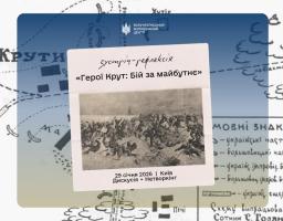 Зображення містить інформацію про «Зустріч-рефлексію "Герої Крут: Бій за майбутнє"». На світло-блакитному тлі, що містить чорно-білу карту битви під Крутами, розташована біла картка-анонс. На ній великим шрифтом написано "Зустріч-рефлексія «Герої Крут: Бій за майбутнє»", а також вказані дата та місце: "29 січня 2026 | Київ" та види активностей: "Дискусія Нетворкінг". Нижче тексту розміщено невелике чорно-біле фото батальної сцени. Частина тексту з карти навколо анонсу пояснює мовні знаки (умовні позначення)