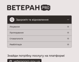 Зображення є інформаційним плакатом про державну онлайн-платформу «Ветеран Pro» від Міністерства у справах ветеранів України, яка надає послуги з лікування, протезування, стоматології та реабілітації