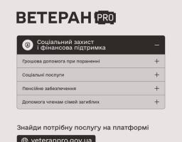 Зображення є інформаційною графікою від Міністерства у справах ветеранів України, яка рекламує онлайн-платформу "Ветеран PRO" та перелічує основні соціальні послуги, доступні ветеранам та членам їхніх сімей.