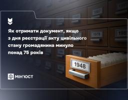 Зображення картотеки з висунутою шухлядою 1948 року і текстом про отримання документів цивільного стану, яким понад 75 років