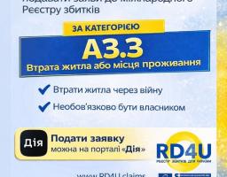 Інфографіка для мешканців Луганщини про подання заяв до Міжнародного реєстру збитків за категорією А3.3 (втрата житла). Зазначено, що заявку можна подати через портал «Дія», а бути власником майна необов'язково.
