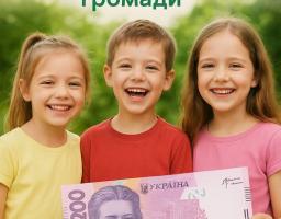 У верхній частині розміщено напис зеленим кольором: «Підтримка дітей Новоайдарської громади», доповнений символічними зображеннями зелених листків