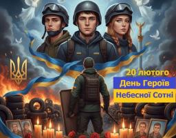 Ілюстрація до Дня Героїв Небесної Сотні від Щастинської РВА. На зображенні — три молоді захисники під захистом ангелів на фоні забарикадованого Майдану з палаючими шинами, квітами та свічками пам'яті