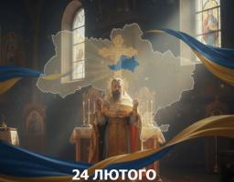 У центрі зображений священнослужитель у золотому облаченні з піднятими в молитві руками. Він стоїть у храмі перед вівтарем, що символізує духовне заступництво за долю країни.