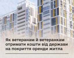Інформаційна картка Міністерства у справах ветеранів на фоні сучасних багатоповерхівок з текстом про державну допомогу ветеранам на оренду житла