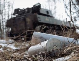 На передньому плані світлини крупним планом зображено дві великі металеві гільзи від артилерійських снарядів, що лежать серед сухої трави та залишків снігу. На задньому плані в розфокусі видно силует броньованої гусеничної машини Збройних Сил України, що стоїть серед голих дерев.