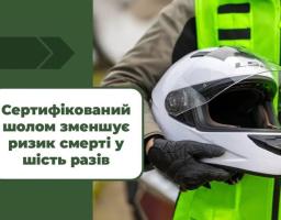 Чоловік у світловідбивальному жилеті та захисних рукавицях тримає в руках білий мотоциклетний шолом бренду LS2 на фоні напису про те, що сертифікований захист у шість разів зменшує ризик загибелі