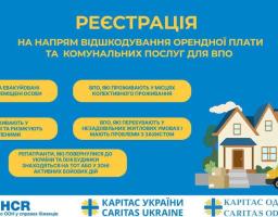 На синьому інформаційному плакаті з логотипами UNHCR та «Карітас» оголошено реєстрацію на відшкодування оренди та комунальних послуг для різних категорій ВПО та репатріантів, що проілюстровано зображенням будинку та жовтого автомобіля з медичним хрестом.