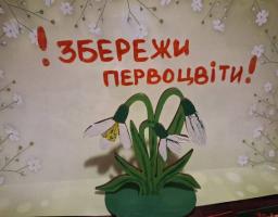 На світлині зображено саморобну паперову композицію із закликом «Збережи первоцвіти!», де в центрі розміщено об’ємну фігуру підсніжників на тлі світлої листівки з ніжними білими квітам