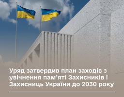 Інформаційна картка Міністерства у справах ветеранів, на якій на тлі сучасної світлої архітектури меморіалу та двох державних прапорів під хмарним небом повідомляється про затвердження урядового плану заходів з увічнення пам’яті Захисників і Захисниць України до 2030 року.
