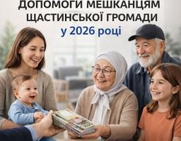 Інформаційний банер про надання фінансової допомоги мешканцям Щастинської громади у 2026 році. На фото зображена щаслива родина трьох поколінь, яка отримує пачку грошей.
