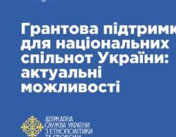 Інформаційний графічний банер на насиченому синьому фоні, оздоблений жовтим національним орнаментом ліворуч, містить оголошення про актуальні можливості грантової підтримки для національних спільнот України та офіційний логотип Державної служби України з етнополітики та свободи совісті.