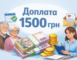 Інформаційна ілюстрація повідомляє про доплату в розмірі 1500 грн, зображуючи усміхнену літню пару, пачки гривневих купюр, монети та соціальну працівницю, яка оформлює документи.