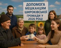 Група людей різних поколінь стоїть на фоні сільського пейзажу з традиційними хатами, де на передньому плані молода жінка передає пачку гривень літньому чоловікові за столом, а позаду них розміщено плакат із написом про допомогу мешканцям Широківської громади у 2026 році.