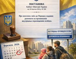 плакат повідомляє про набрання чинності 27 березня 2026 року постанови Кабінету Міністрів України № 390 щодо змін у порядку надання допомоги на проживання для ВПО, ілюструючи це зображенням офіційного документа, календаря та сім'ї переселенців на фоні міського пейзажу.