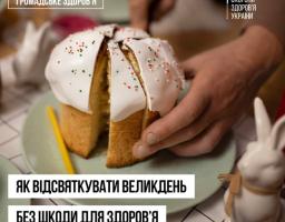 постер Міністерства охорони здоров'я України з порадами про те, як відсвяткувати Великдень без шкоди для здоров’я, зображує процес нарізання апетитної паски з білою глазур’ю на фоні святкових атрибутів: крашанок та фігурки великоднього кролика