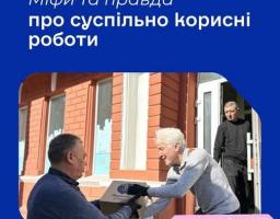 банер Державної служби зайнятості під заголовком «Міфи та правда про суспільно корисні роботи» містить фотографію чоловіків, які розвантажують допомогу біля цегляної будівлі, та має на меті розвінчати поширені стереотипи щодо залучення громадян до таких видів праці