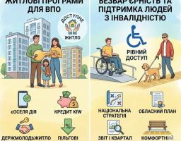 Інформаційна ілюстрація, розділена на два блоки, що висвітлюють житлові програми для ВПО через іконки сервісів «єОселя», «Держмолодьжитло» та кредитування, а також ініціативи з безбар'єрності та підтримки людей з інвалідністю