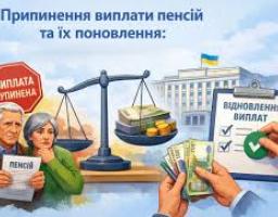Інформаційна ілюстрація про припинення та поновлення пенсій зображує стурбовану літню пару поруч із терезами, на шальці яких лежать гроші, та руки, що тримають банкноти навпроти бланка з позначкою «Відновлення виплат» на фоні державної будівлі з прапором України.