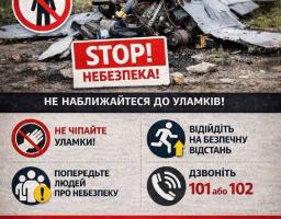 плакат із заголовком «НЕ НАБЛИЖАЙТЕСЯ ДО УЛАМКІВ ЗБИТИХ БпЛА!» поєднує фотографію розбитого безпілотника на землі з попереджувальними знаками та чіткими інструкціями для цивільних: не чіпати уламки, відійти на безпечну відстань, попередити оточуючих та негайно телефонувати за номерами 101 або 102.