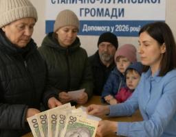 У приміщенні на фоні плаката про фінансову допомогу мешканцям Станично-Луганської громади у 2026 році жінка в блакитній сорочці видає гроші черзі людей, а на передньому плані в руці зафіксовано кілька купюр номіналом 500 гривень.