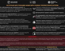 На темному фоні під логотипами державних служб розміщено детальну інфографіку під назвою «Інструкція для громадян щодо дій в умовах терористичної загрози», що містить дванадцять пунктів із піктограмами про заходи безпеки, правила поведінки в соцмережах та застереження щодо вербування ворогом, а також контактну інформацію екстрених служб у нижній частині.