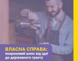 На обкладинці інформаційного посібника для ВПО та підприємців зображено усміхненого чоловіка в робочому фартусі, який наливає напій, під великим біло-жовтим заголовком «ВЛАСНА СПРАВА: покроковий шлях від ідеї до державного гранту» на фіолетовому фоні, а у верхній частині розміщено ряд логотипів організацій-партнерів, зокрема Мінекономіки України, IREX та прапор США.