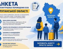  плакат у синьо-білих тонах із заголовком «Анкета для внутрішньо переміщених осіб з Луганської області» містить заклик ділитися проблемами та пропозиціями для покращення підтримки переселенців, що візуалізовано через зображення сім’ї з багажем на фоні карти області з позначкою-серцем та перелік текстових блоків з іконками про анонімність, зворотний зв’язок і важливість кожної думки.