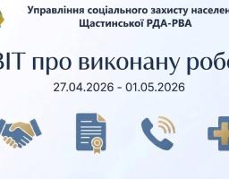 Це зображення є офіційним заголовком «Звіту про виконану роботу» Управління соціального захисту населення Щастинської РДА-РВА за період з 27 квітня по 1 травня 2026 року, де на світлому фоні з національним орнаментом розміщено герб району зверху зліва та чотири тематичні іконки внизу: рукостискання, офіційний документ із печаткою, телефонну слухавку з хвилями зв’язку та медичний хрес